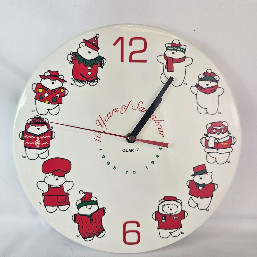 Vintage 1994 Santabear 10th Anniversary Ceramic Wall Clock 10" Christmas